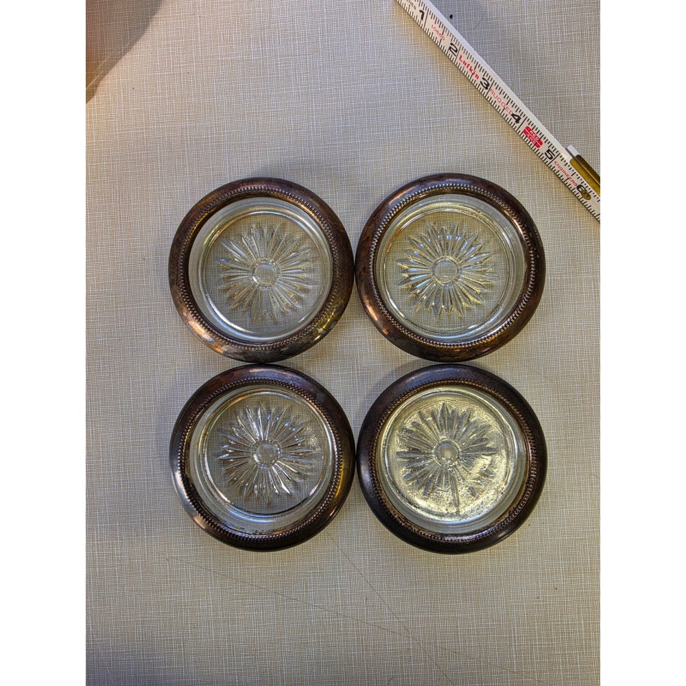 Leonard Silverplated Glass Coasters Set of 4 Starburst Pattern Vintage Hong Kong